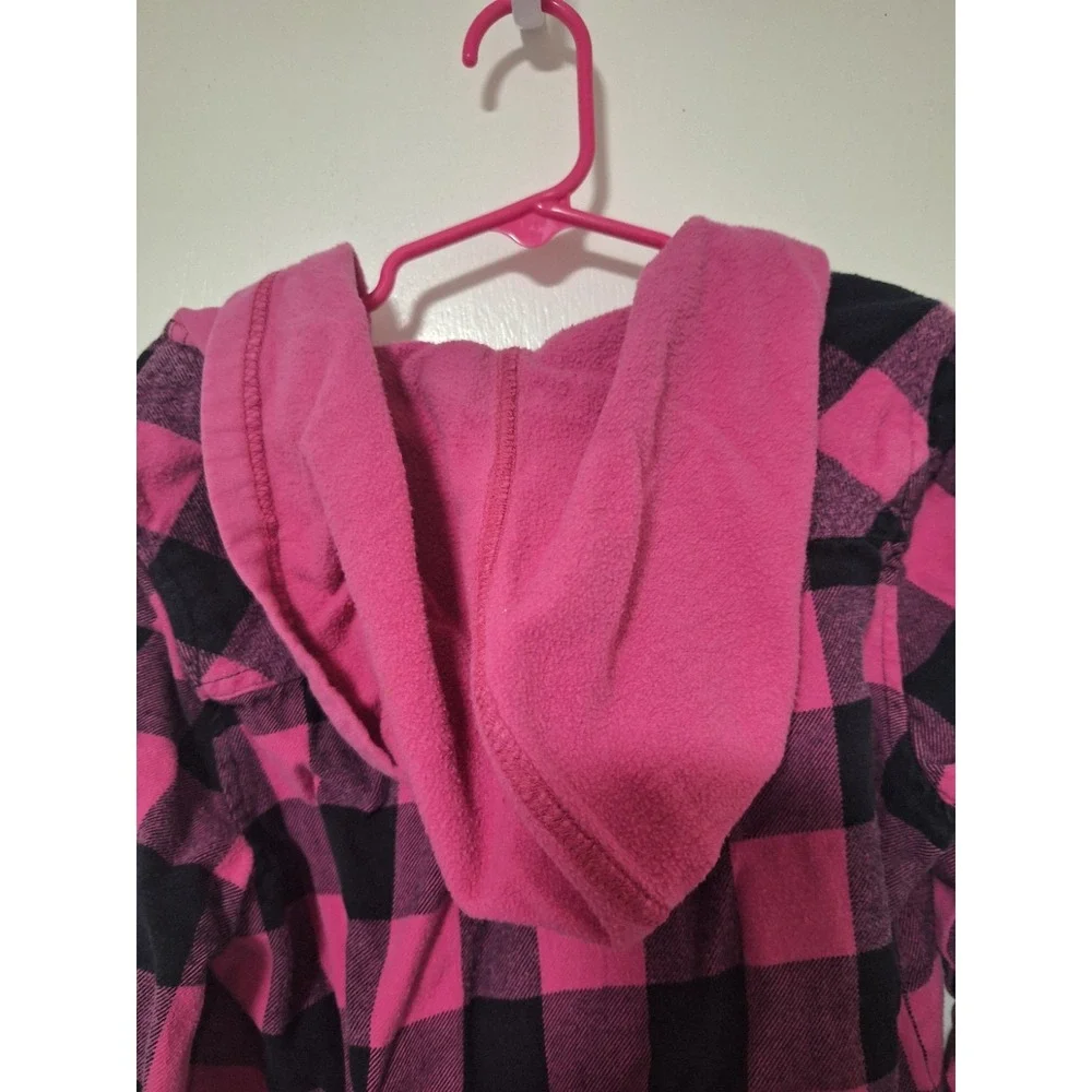 The Place Original 1989 Girls XL 14 Pink Black Plaid Hooded Flannel Shirt